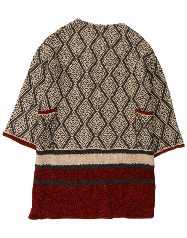 Zara Damen Longline Open Cardigan Pullover UK 14 Medium Beige Geometrisch