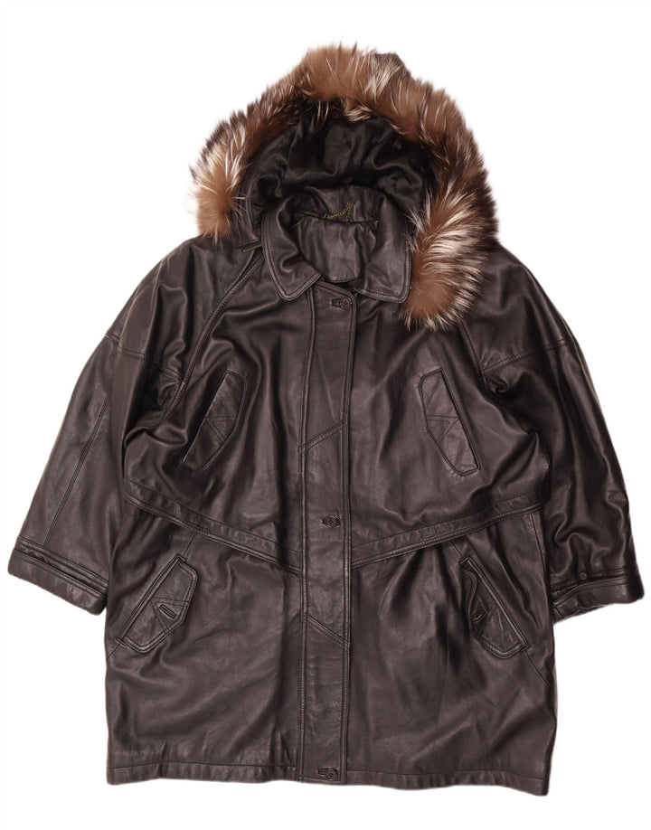 Vintage Damen Kapuzen-Übergroßer Ledermantel EU 46 XL Schwarzes Leder
