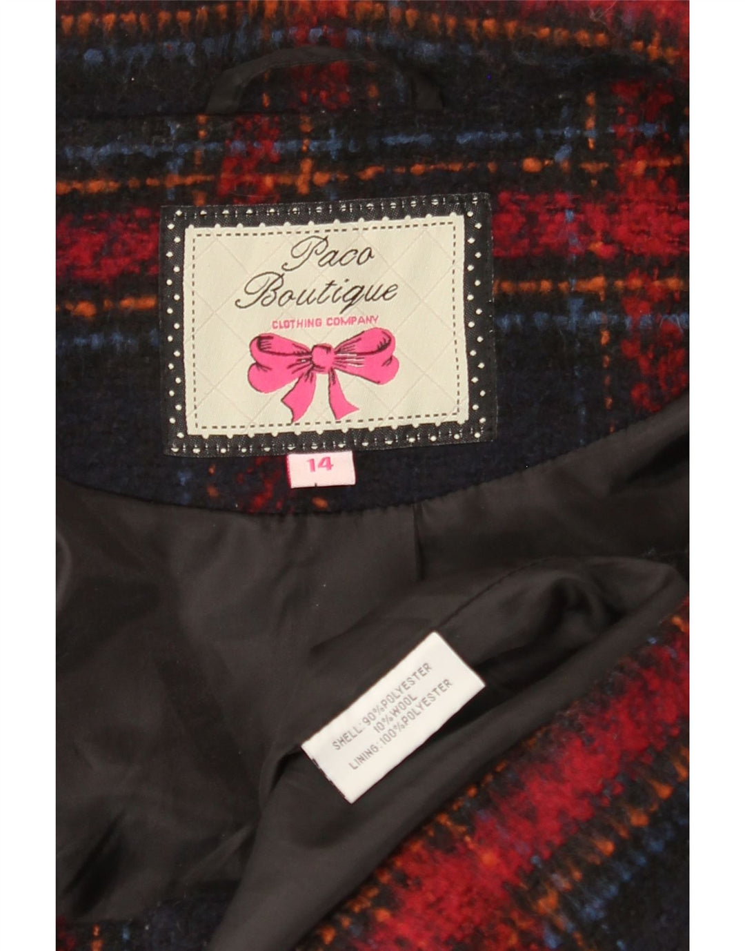 PACO BOUTIQUE Womens Overcoat UK 14 Medium Navy Blue Check Polyester Vintage Paco Boutique and Second-Hand Paco Boutique from Messina Hembry 