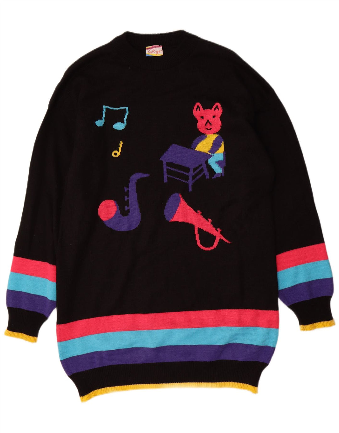 VINTAGE Damen-Pulloverkleid mit Grafik, UK 16, Größe L, Schwarz, Farbblock