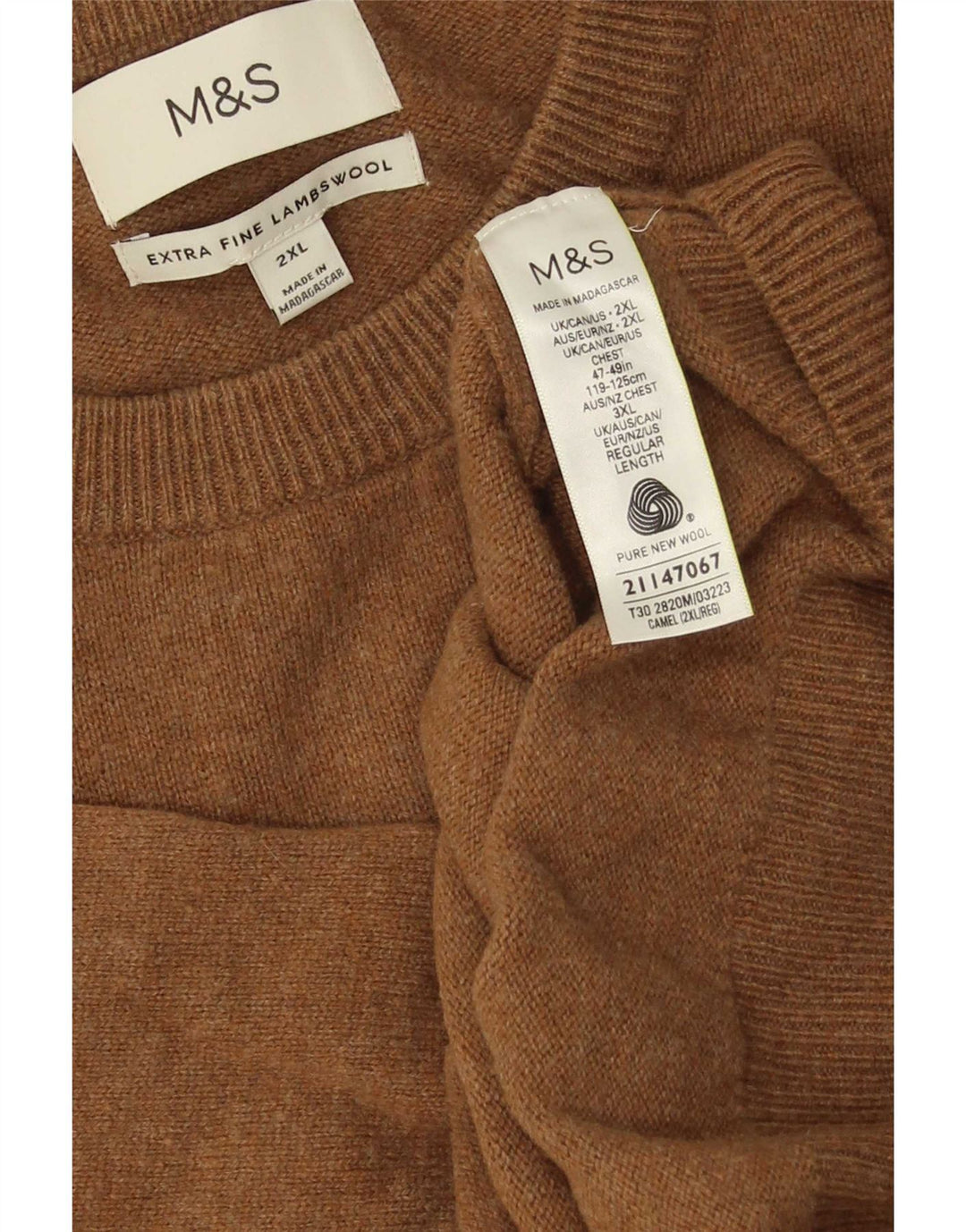 Marks & Spencer Herren-Pullover mit Rundhalsausschnitt, 2XL, braune Lammwolle