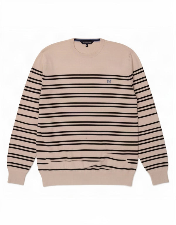 Crew Clothing Herren-Pullover mit Rundhalsausschnitt, XL, weiß gestreift, Baumwolle