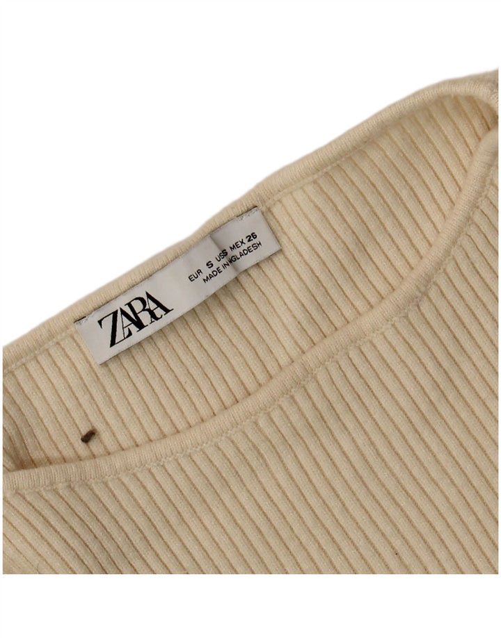 Zara Damen Crop Top Langarm UK 8 Small Beige