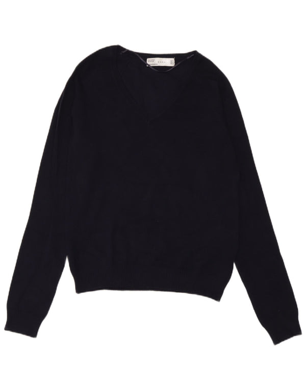Zara Damen-Pullover mit V-Ausschnitt, UK 12, mittelmarineblaue Baumwolle
