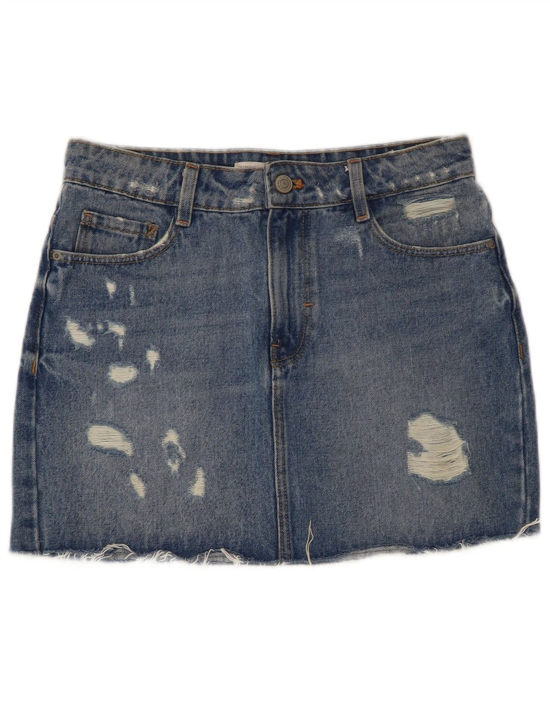 ZARA Damen Trafaluc Distressed Mini Jeansrock XS W24 Blaue Baumwolle