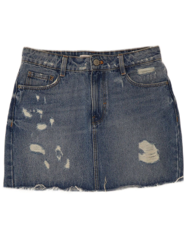 ZARA Damen Trafaluc Distressed Mini Jeansrock XS W24 Blaue Baumwolle