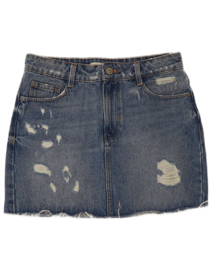 ZARA Damen Trafaluc Distressed Mini Jeansrock XS W24 Blaue Baumwolle