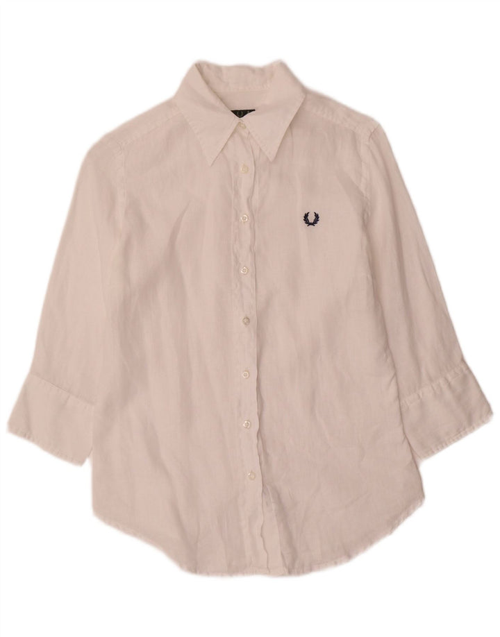 Fred Perry Damen-Hemd mit 3/4-Ärmeln, UK 10, Größe S, weißes Leinen