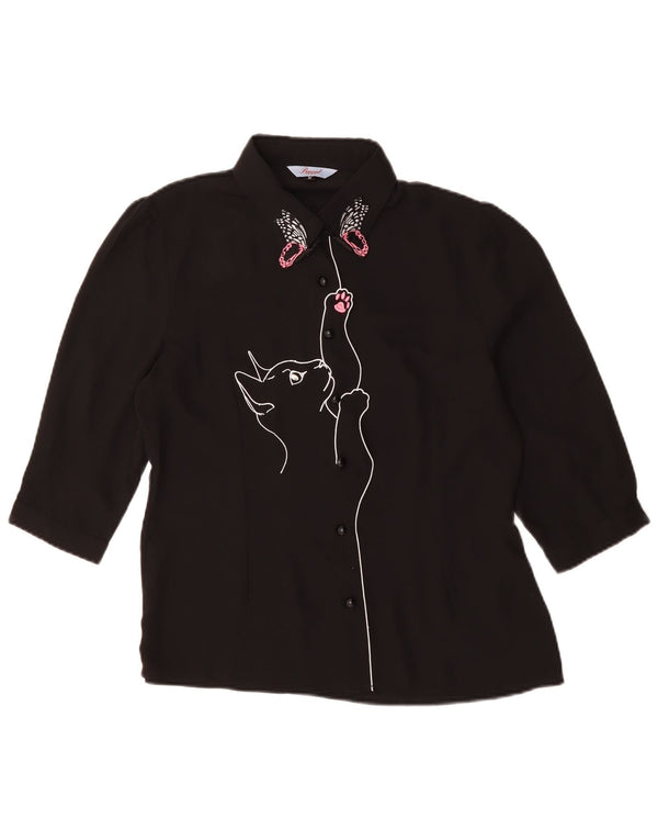 Vintage Damen grafische Kurzarm-Hemdbluse UK 14 Medium Schwarz