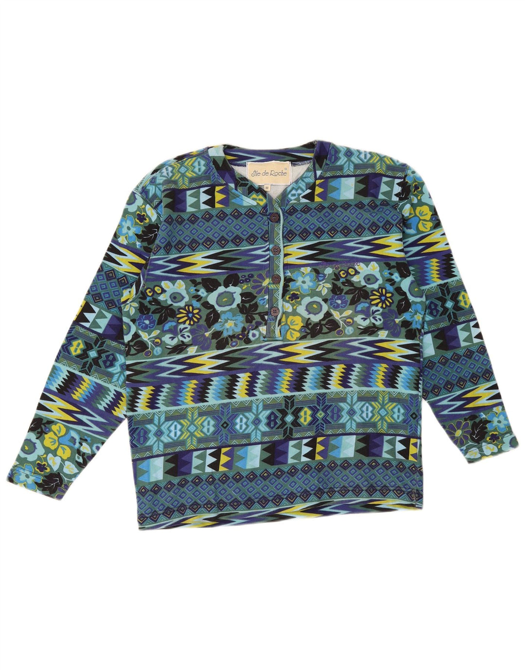 Vintage Damen Top Langarm UK 14 Mittelblaue geometrische Baumwolle