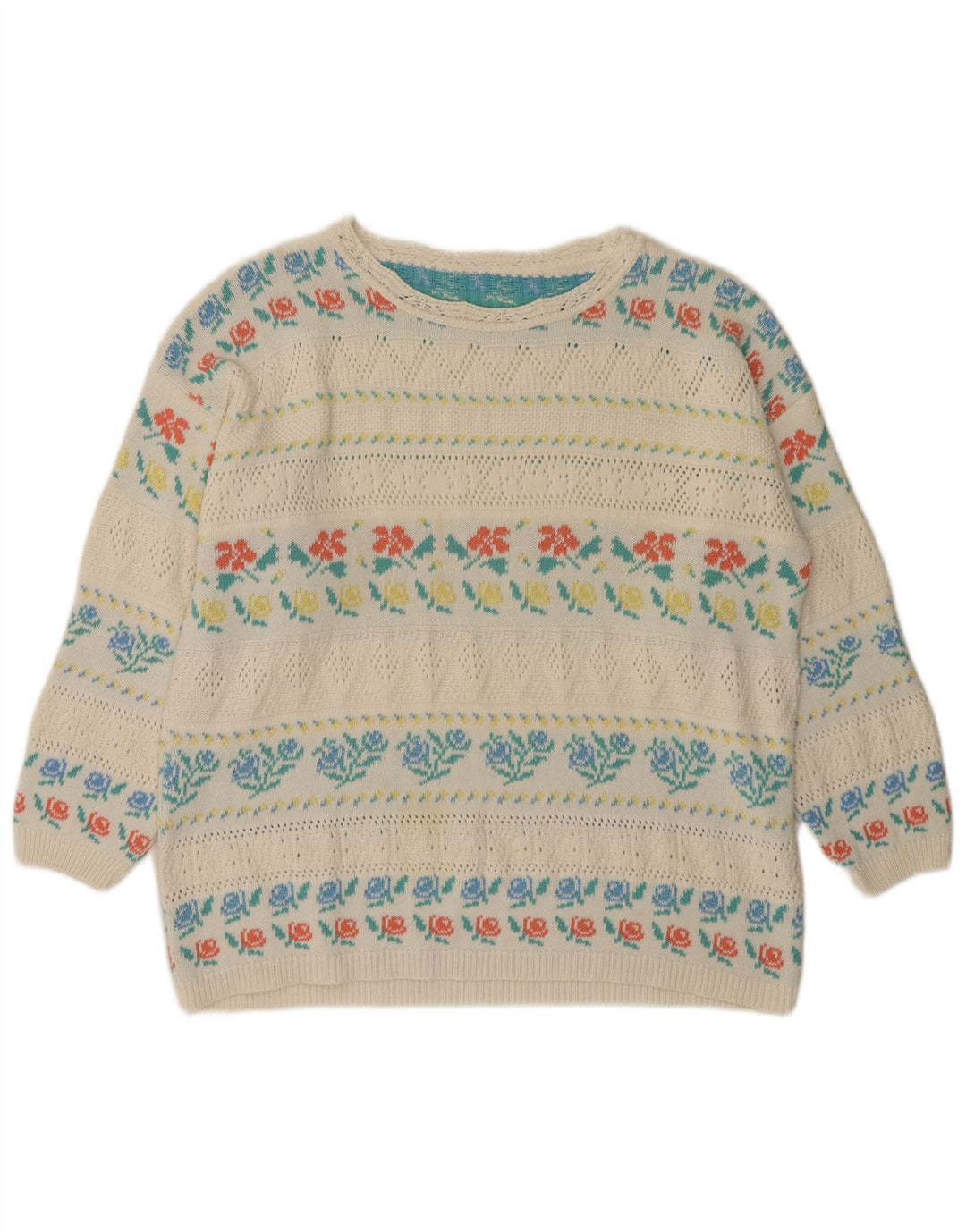 VINTAGE Damen-Pullover mit U-Boot-Ausschnitt, IT 46, großes weißes Blumen-Acryl