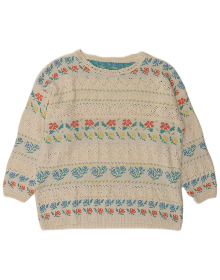 VINTAGE Damen-Pullover mit U-Boot-Ausschnitt, IT 46, großes weißes Blumen-Acryl