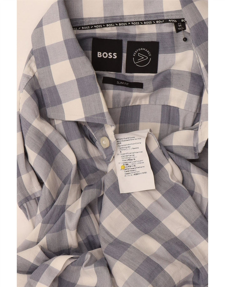 Hugo Boss Herren-Slim-Fit-Hemd, Größe 15 1/2, mittelblau karierte Baumwolle