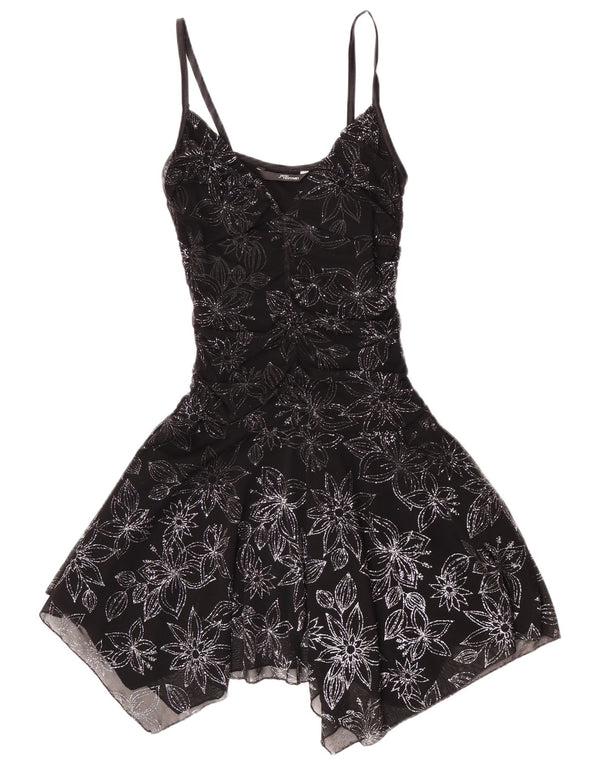 Jane Norman Damen ärmelloses asymmetrisches Kleid UK 14 Mittelschwarz geblümt