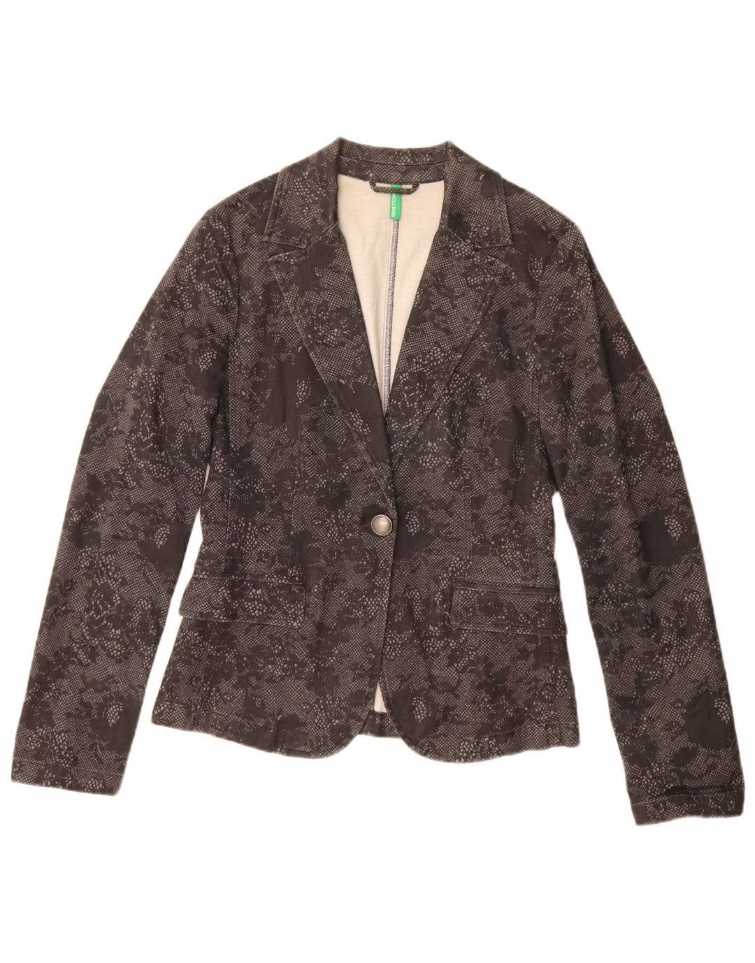 Benetton Damen-Blazer mit 1 Knopf, Gr. 10, Größe S, schwarz, geblümt, Baumwolle
