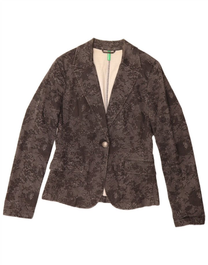 Benetton Damen-Blazer mit 1 Knopf, Gr. 10, Größe S, schwarz, geblümt, Baumwolle
