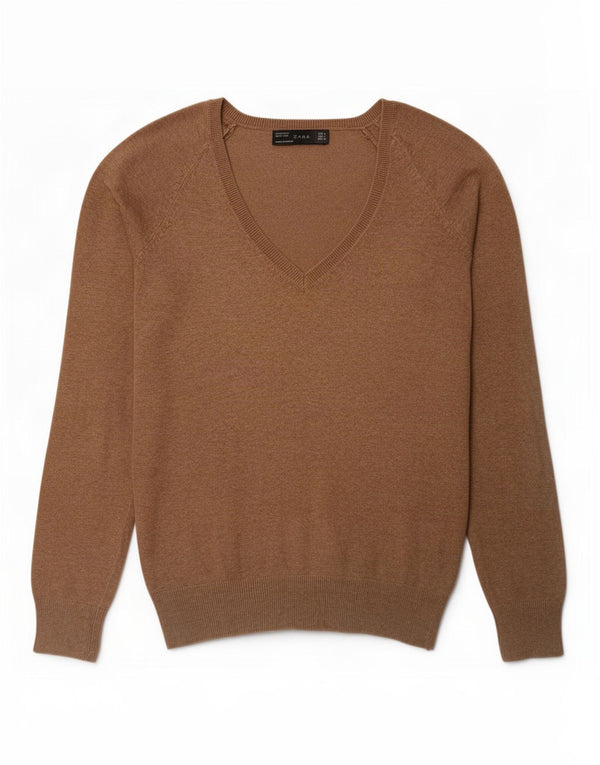 Zara Damen-Pullover mit V-Ausschnitt, UK 14, Größe L, Beige, Baumwolle