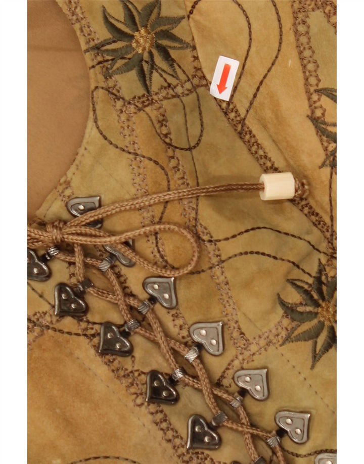 VINTAGE Damen Wildlederweste EU 38 Mittelbraunes Blumenleder