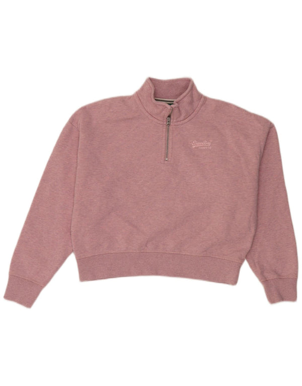 Fat Face Damen Crop Zip Neck Sweatshirt Pullover UK 12 Mittelrosa Baumwolle
