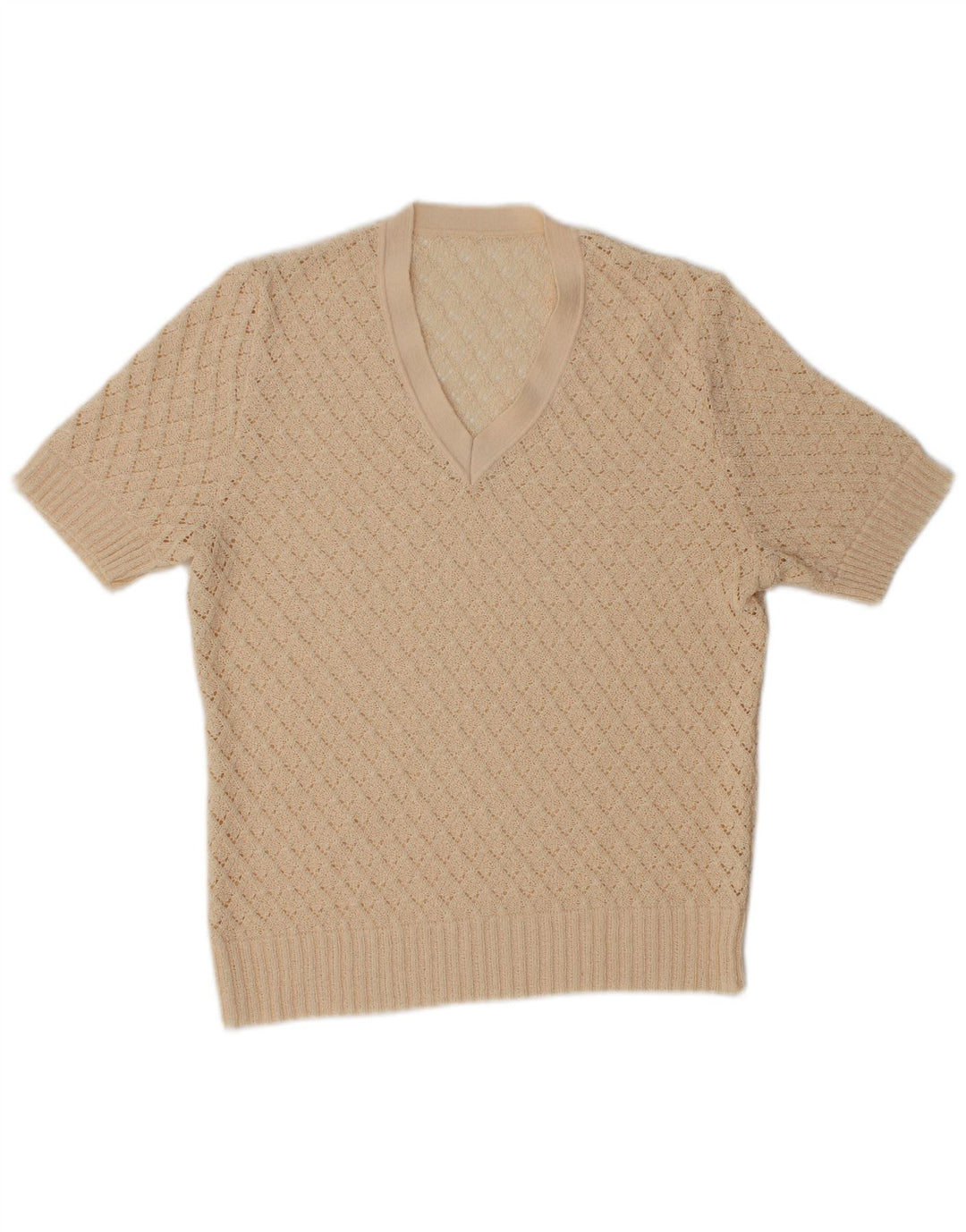 VINTAGE Damen Kurzarmpullover mit V-Ausschnitt IT 42 Medium Off White