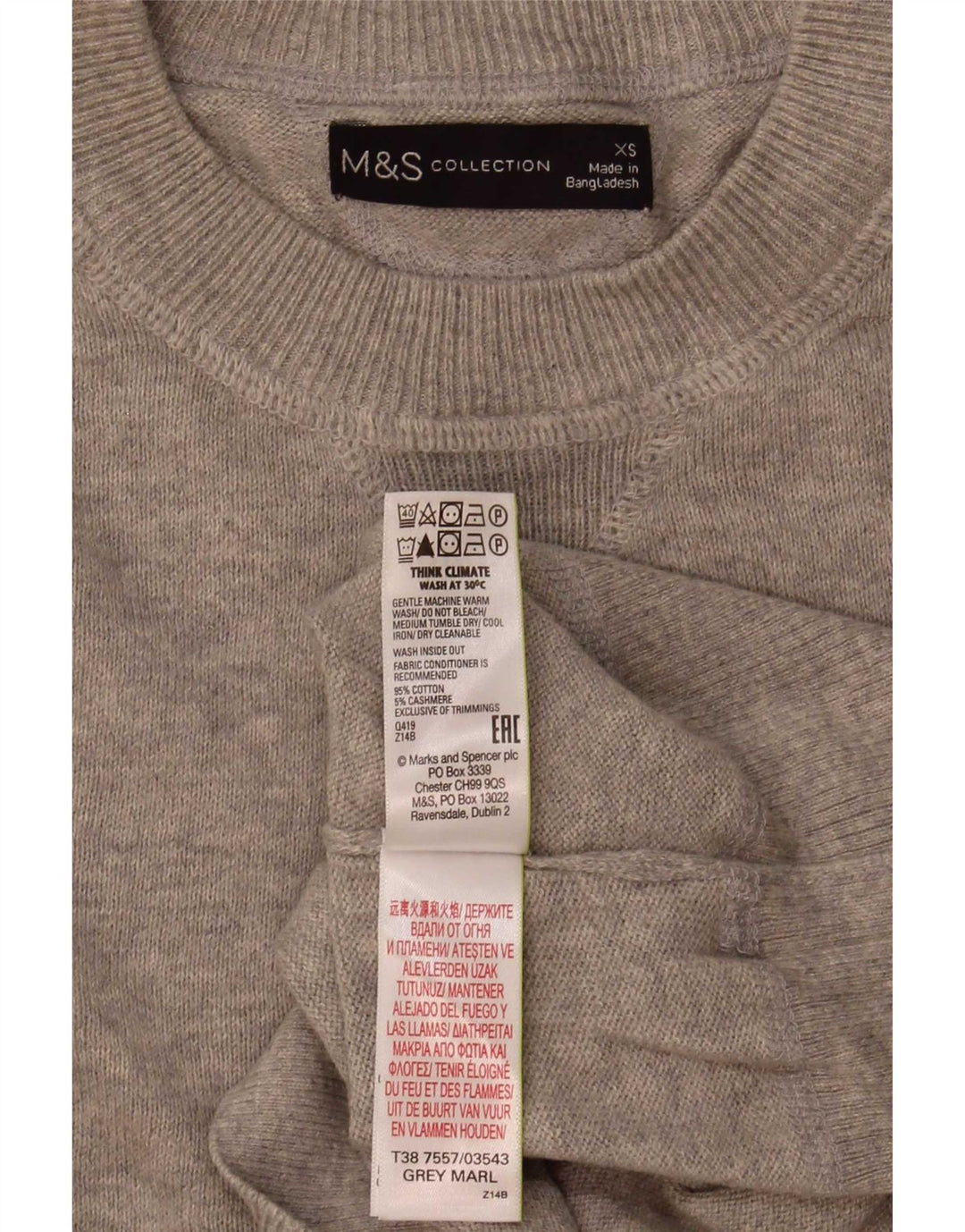 Marks & Spencer Herren-Pullover mit Rundhalsausschnitt, XS, graue Baumwolle