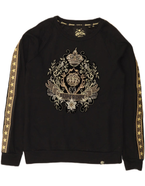 Superdry Damen Grafik-Sweatshirt-Pullover UK 12 Mittelschwarze Baumwolle