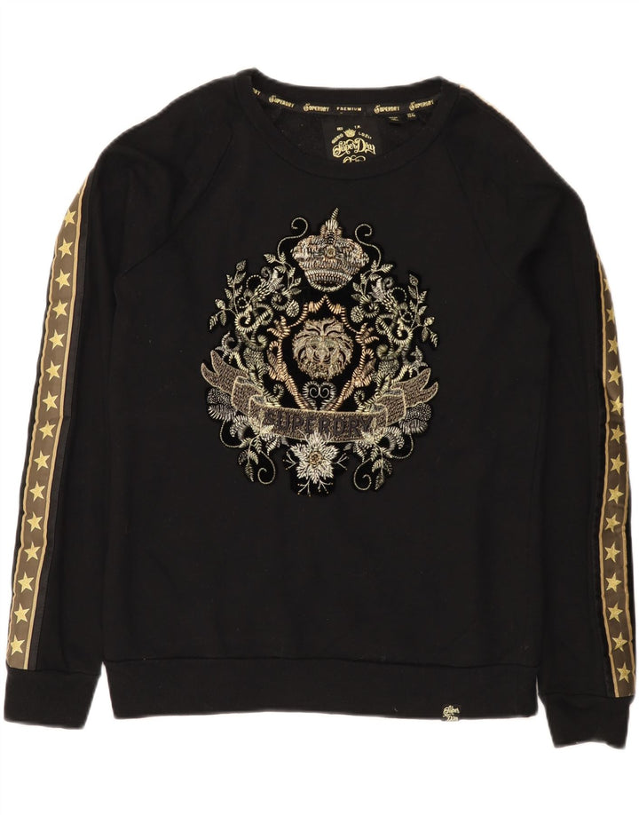 Superdry Damen Grafik-Sweatshirt-Pullover UK 12 Mittelschwarze Baumwolle