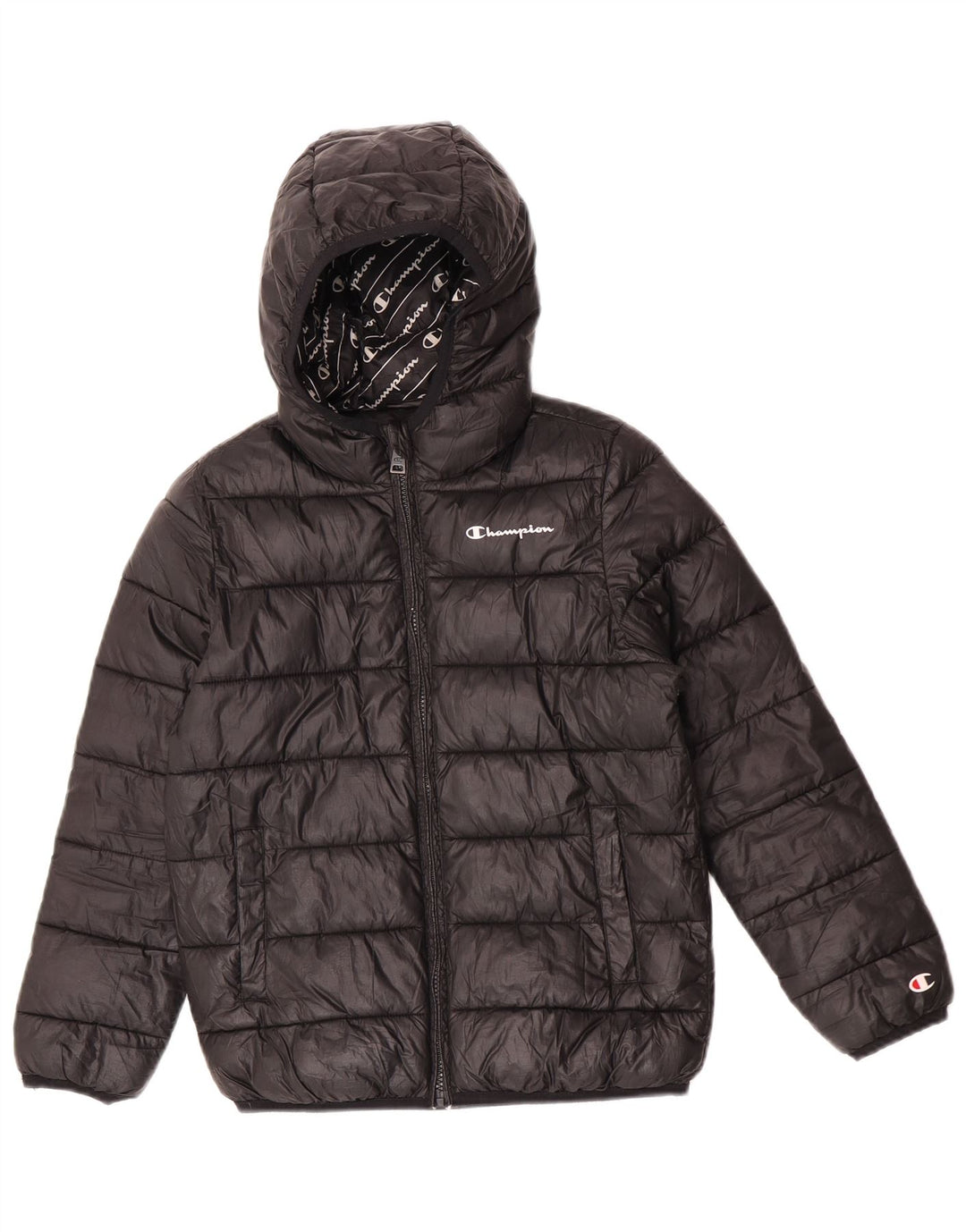 Champion Wattierte Jacke mit Kapuze für Jungen, 9–10 Jahre, Mittelschwarzes Polyester