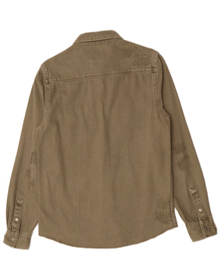 Zara Herren Jeanshemd im Used-Look, entspannte Passform, kleine Khaki-Baumwolle