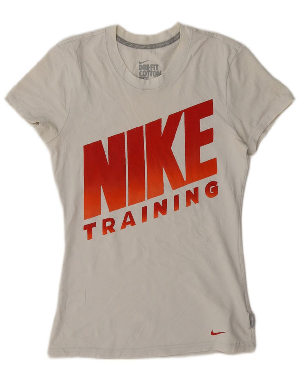 Nike Damen Dri Fit Graphic T-Shirt Top UK 10 Small Weiße Baumwolle