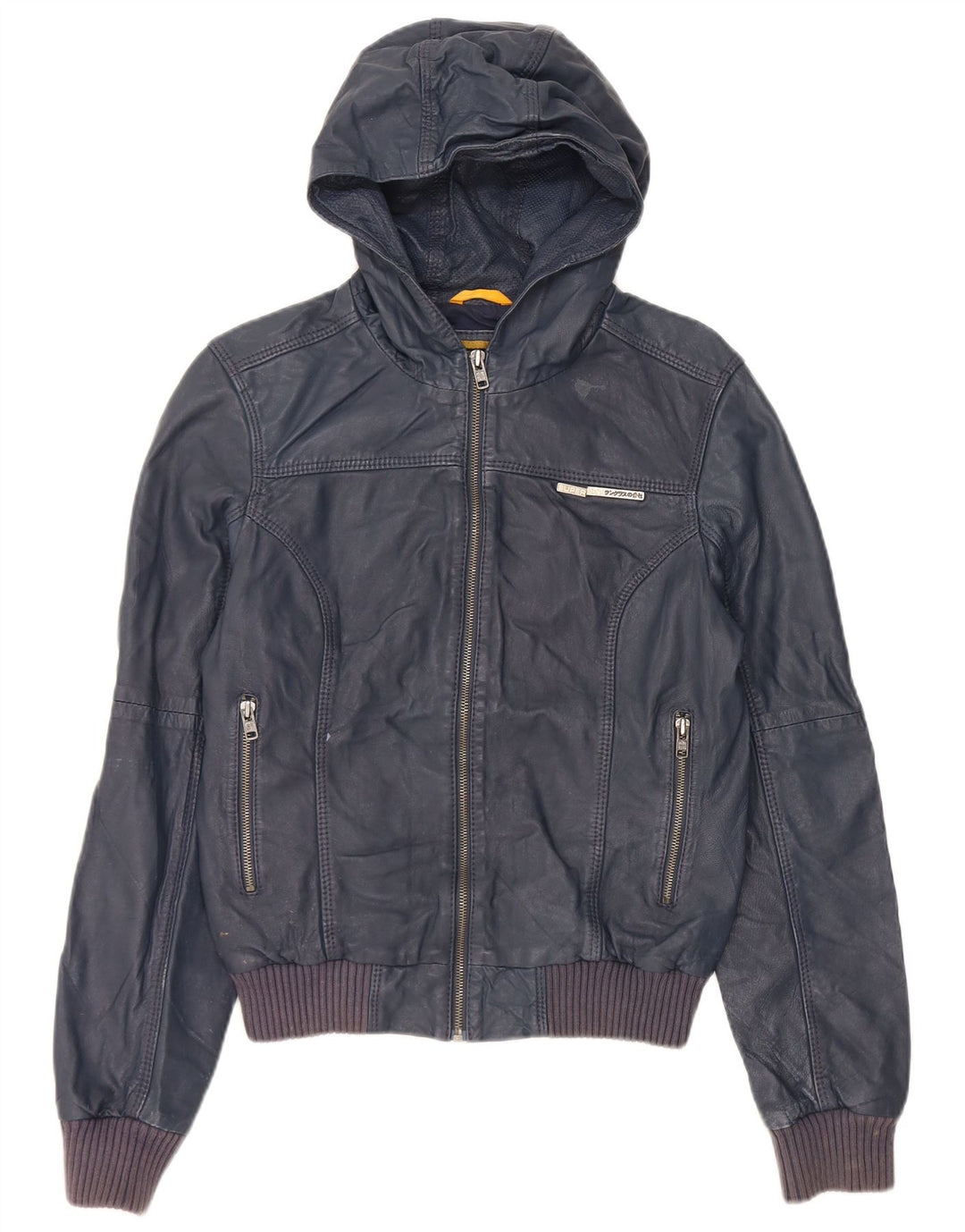 Superdry Damen-Lederjacke mit Kapuze, UK 14, mittleres marineblaues Leder
