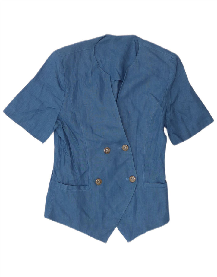 Preca Damen Kurzarm-Cardigan-Oberteil IT 42 Mittelblaues Leinen