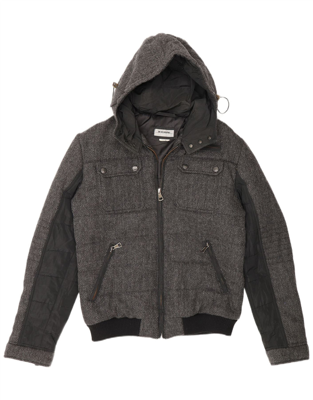 X-Cape wattierte Herrenjacke mit Kapuze, UK 42, XL, graue Schurwolle mit Fischgrätenmuster
