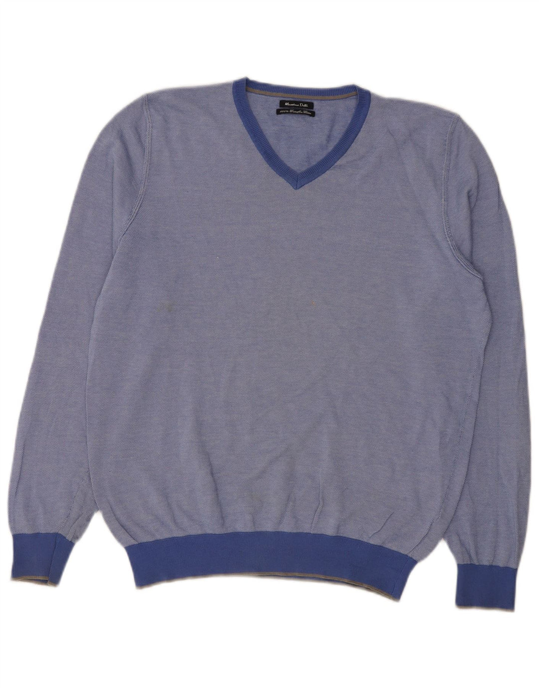 Massimo Dutti Herren-Pullover mit V-Ausschnitt, groß, aus blauer Baumwolle