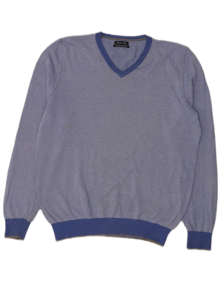 Massimo Dutti Herren-Pullover mit V-Ausschnitt, groß, aus blauer Baumwolle