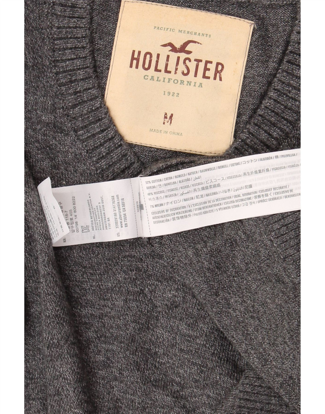 Hollister Herren-Pullover mit V-Ausschnitt aus mittelgrauer Baumwolle