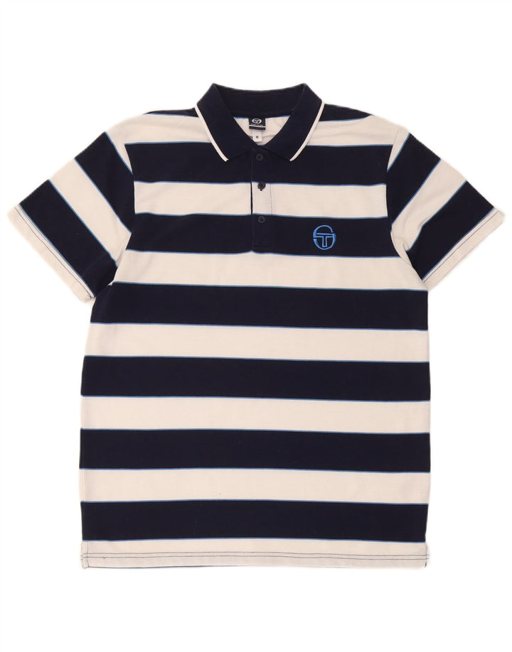 Sergio Tacchini Mens Polo Shirt Medium Navy Blue Striped Cotton