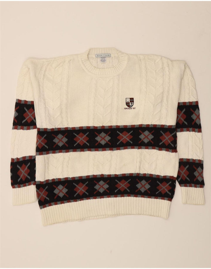 IZOD Mens Crew Neck Jumper Sweater Large White Fair Isle Cotton Vintage Izod and Second-Hand Izod from Messina Hembry 