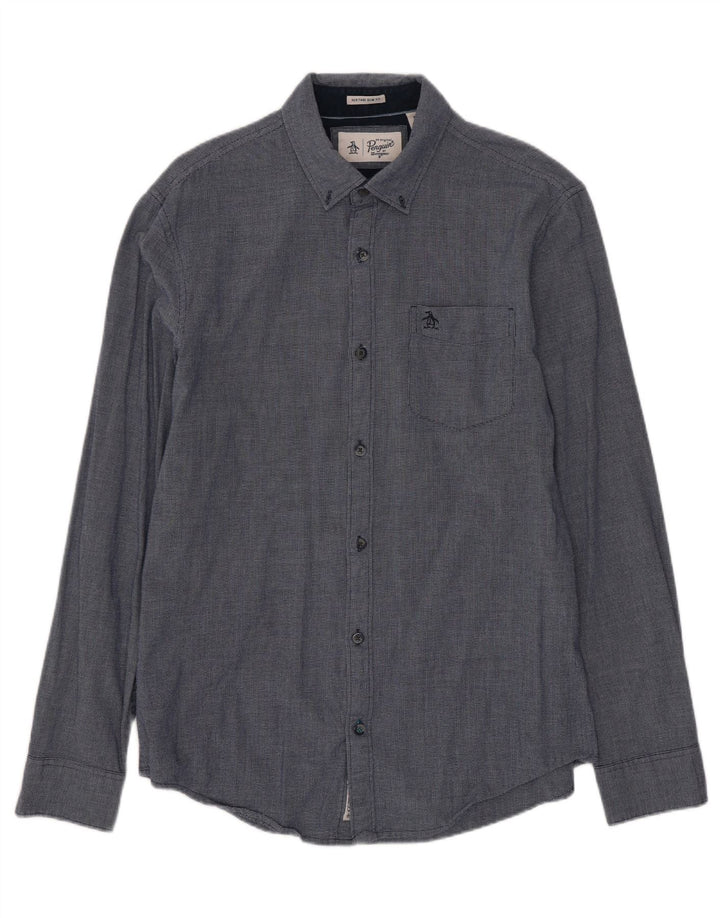 Penguin Herren Heritage Slim Fit-Hemd, mittleres Marineblau, geometrisches Rayon