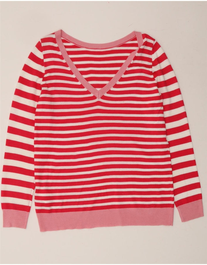 BENETTON Womens V-Neck Jumper Sweater UK 12 Medium Red Striped Viscose Vintage Benetton and Second-Hand Benetton from Messina Hembry 