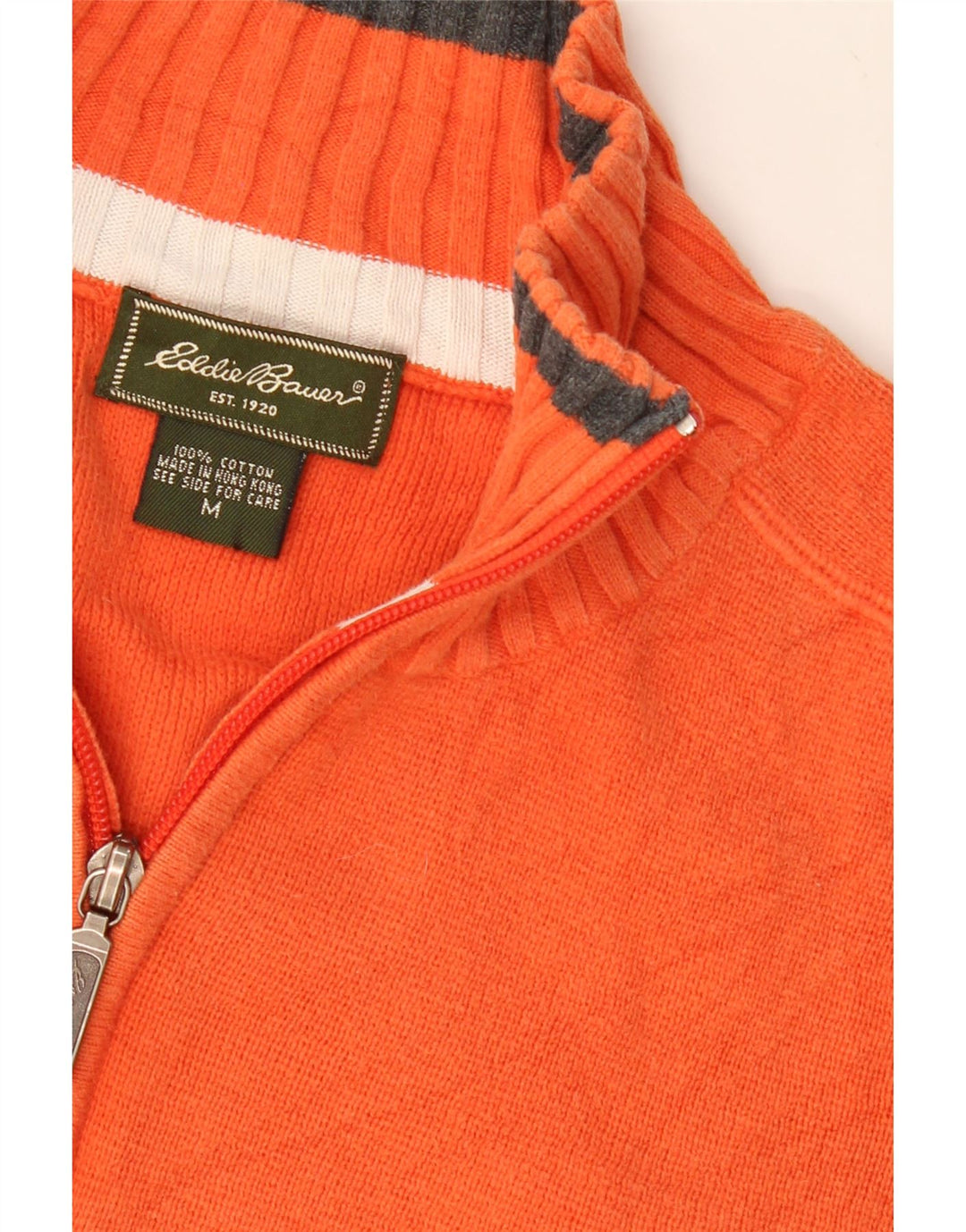 EDDIE BAUER Mens Zip Neck Jumper Sweater Medium Orange Colourblock Cotton Vintage Eddie Bauer and Second-Hand Eddie Bauer from Messina Hembry 