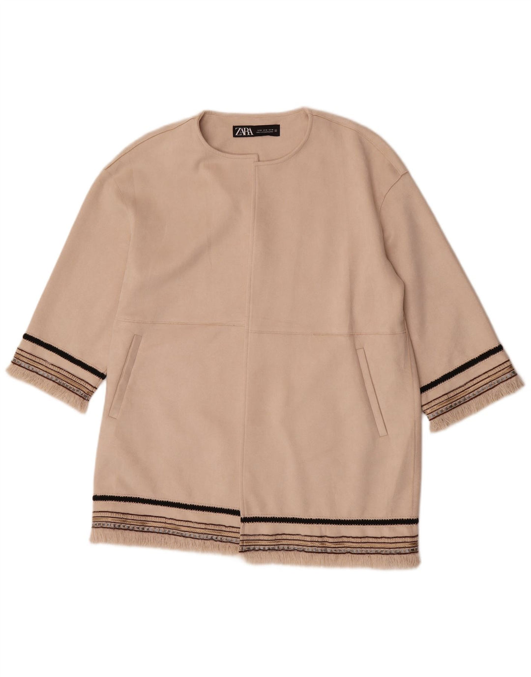 Zara Damen-Blazer mit 3/4-Ärmeln, offen, UK 14, Mittelbeige gestreift