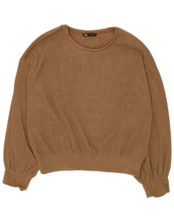 Zara Damen Langarm-Blusenoberteil UK 14 Medium Beige Polyester