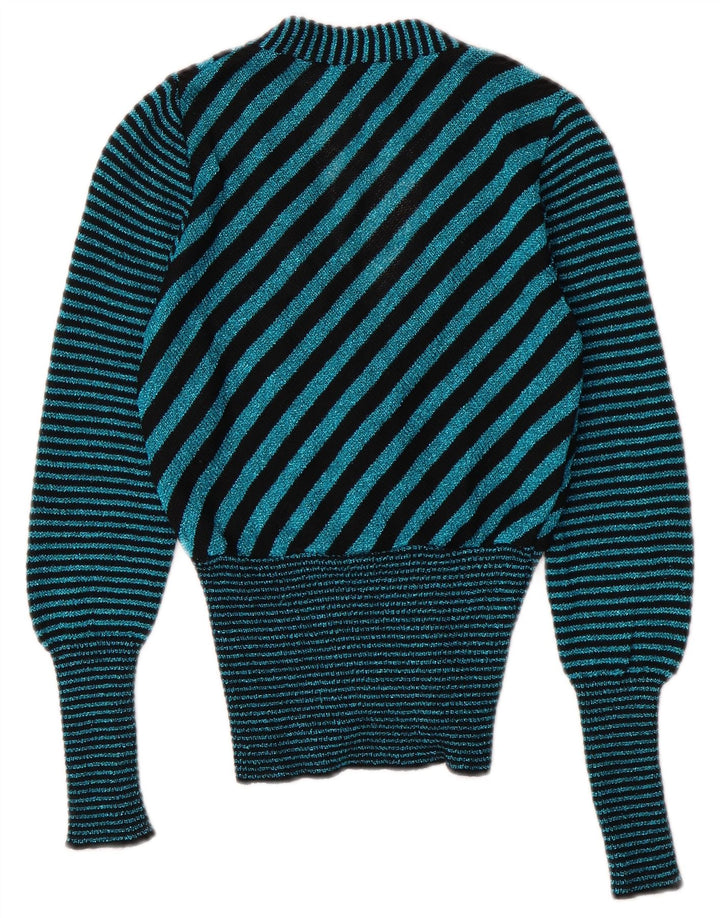 Vintage Damen V-Ausschnitt Cardigan Pullover UK 6 XS Türkis gestreift