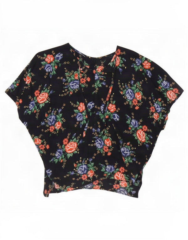 Vintage Damen Fledermausbluse Top UK 16 Groß Marineblau geblümt