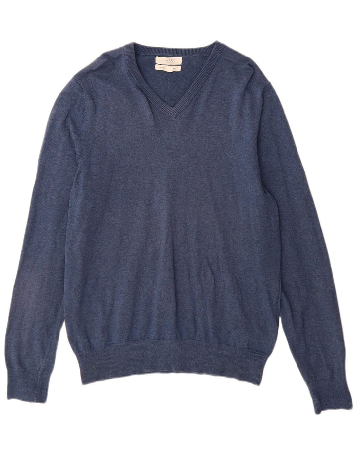Marks & Spencer Herren-Pullover mit V-Ausschnitt aus mittelblauer Baumwolle
