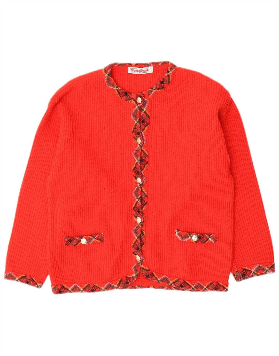 Vintage Damen Cardigan Pullover UK 12 Medium Red Argyle/Diamond Wool