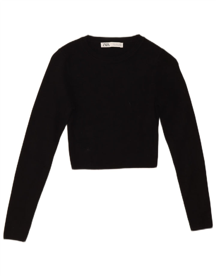 Zara Damen Crop Crew Neck Pullover Pullover UK10 Small Schwarz Viskose