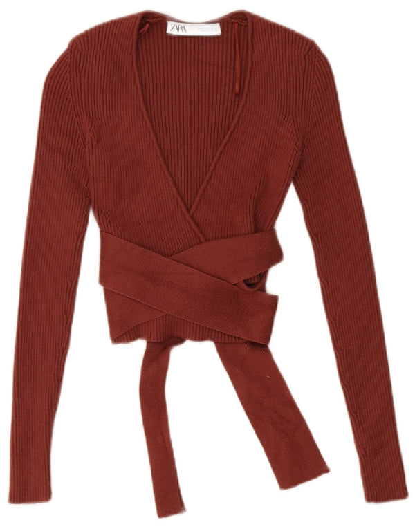 Zara Damen-Langarm-Wickel-Cardigan-Oberteil, Größe S, braun, Viskose