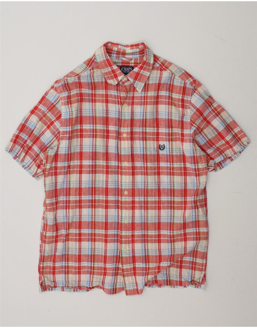 CHAPS Mens Short Sleeve Shirt Medium Red Check Linen Vintage Chaps and Second-Hand Chaps from Messina Hembry 